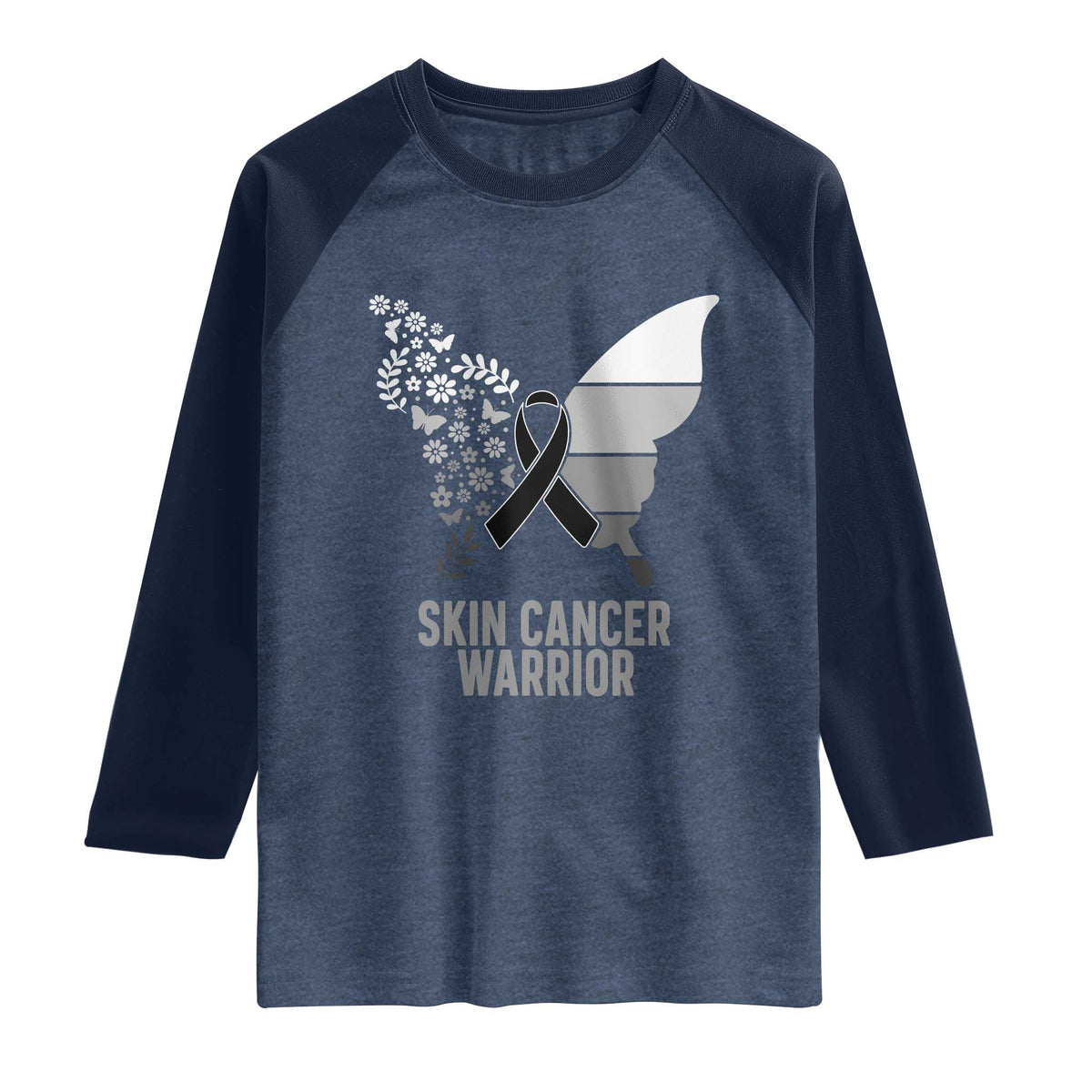 Floral Butterfly Melanoma Awarenes Raglan Shirt Black Ribbon Warrior Support Gift TS12 Heather Denim Navy Print Your Wear