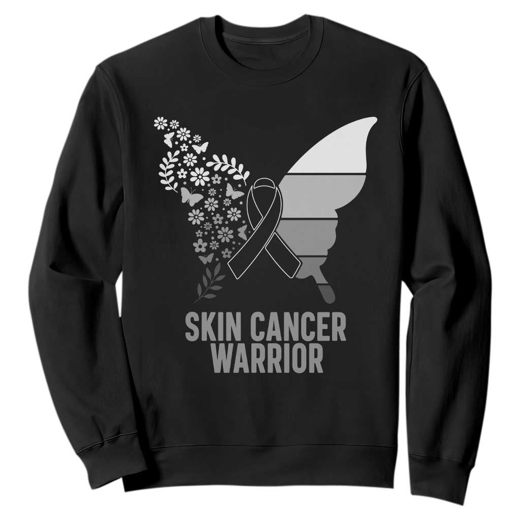 Floral Butterfly Melanoma Awarenes Sweatshirt Black Ribbon Warrior Support Gift TS12 Black Print Your Wear