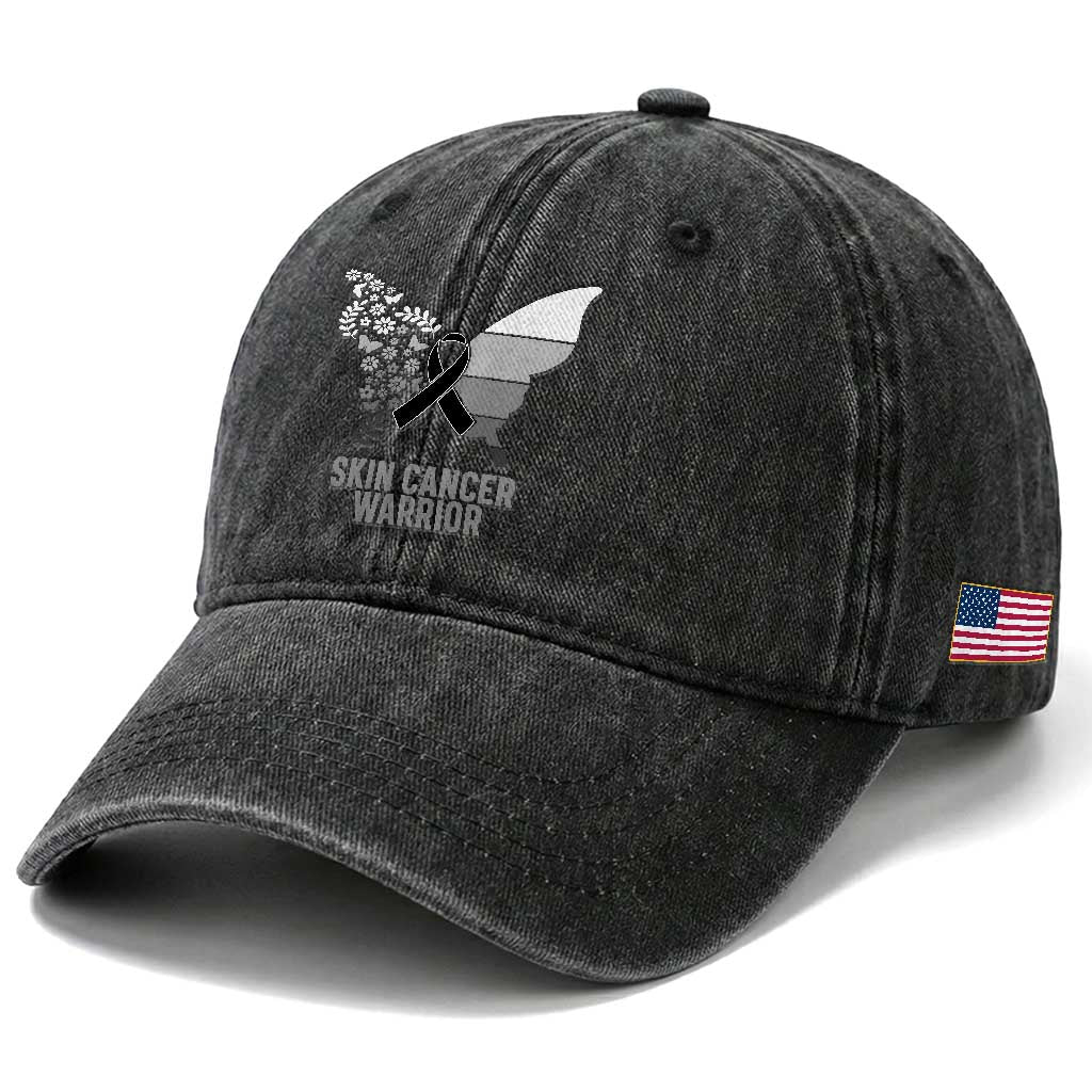Floral Butterfly Melanoma Awarenes Washed Cotton Baseball Cap Black Ribbon Warrior Support Gift TS12 Print Your Wear