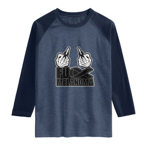 Fuck Melanoma Raglan Shirt Skeleton Hand Black Ribbon Awareness TS12 Heather Denim Navy Print Your Wear