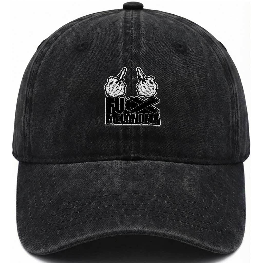 Fuck Melanoma Washed Cotton Baseball Cap Skeleton Hand Black Ribbon Awareness TS12 Print Your Wear