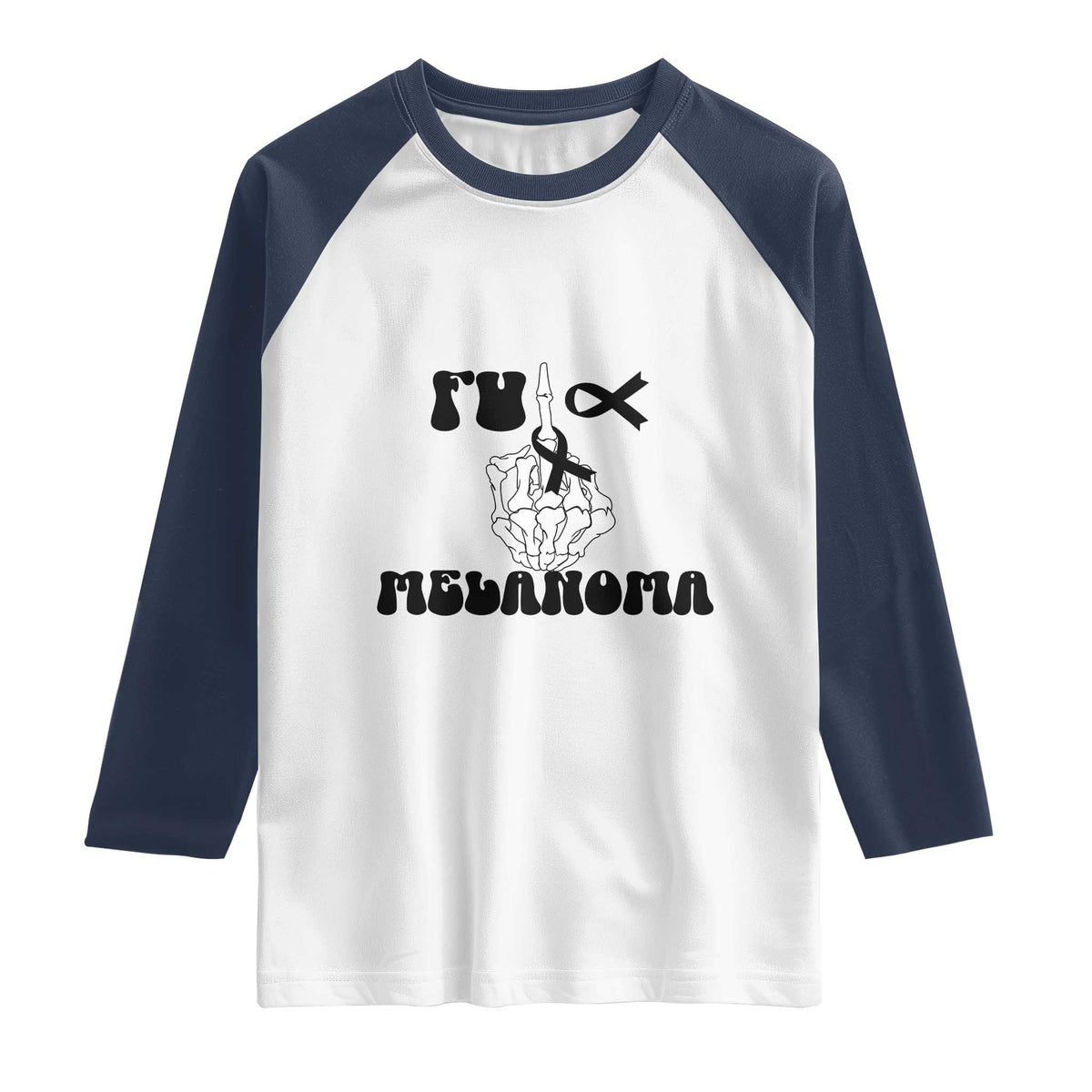 Fuck Melanoma Awareness Raglan Shirt Skeleton Hand Ribbon Warrior Gift TS12 White Navy Print Your Wear