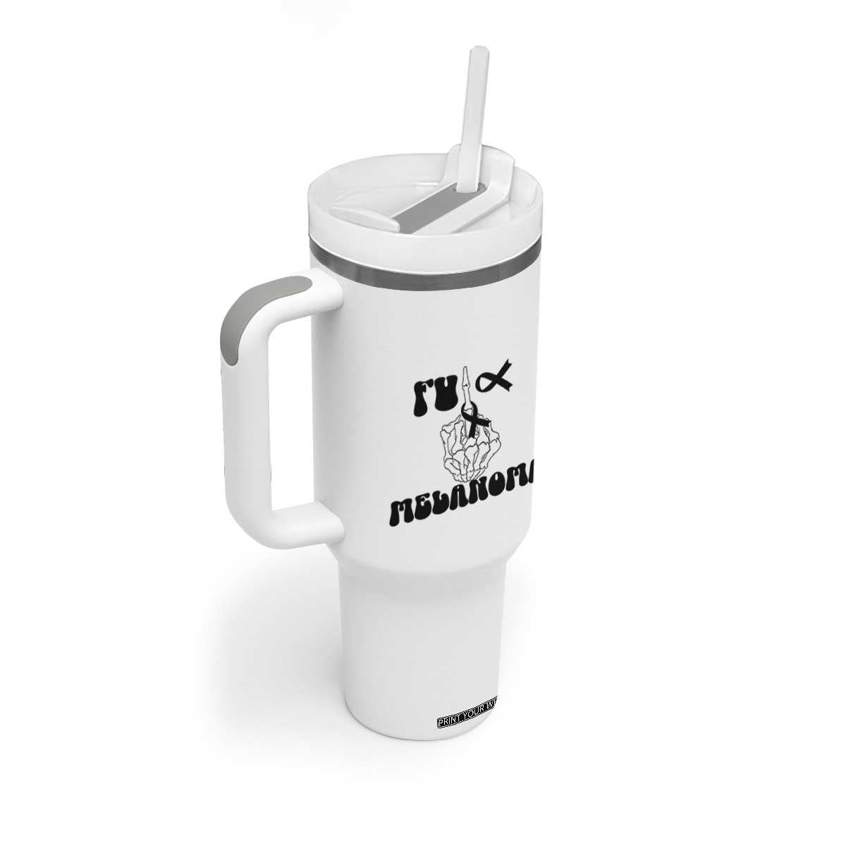 Fuck Melanoma Awareness Tumbler With Handle Skeleton Hand Ribbon Warrior Gift TS12 Print Your Wear