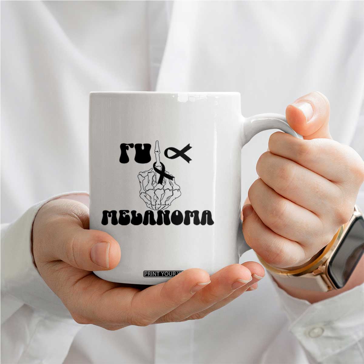 Fuck Melanoma Awareness Coffee Mug Skeleton Hand Ribbon Warrior Gift TS12 Print Your Wear