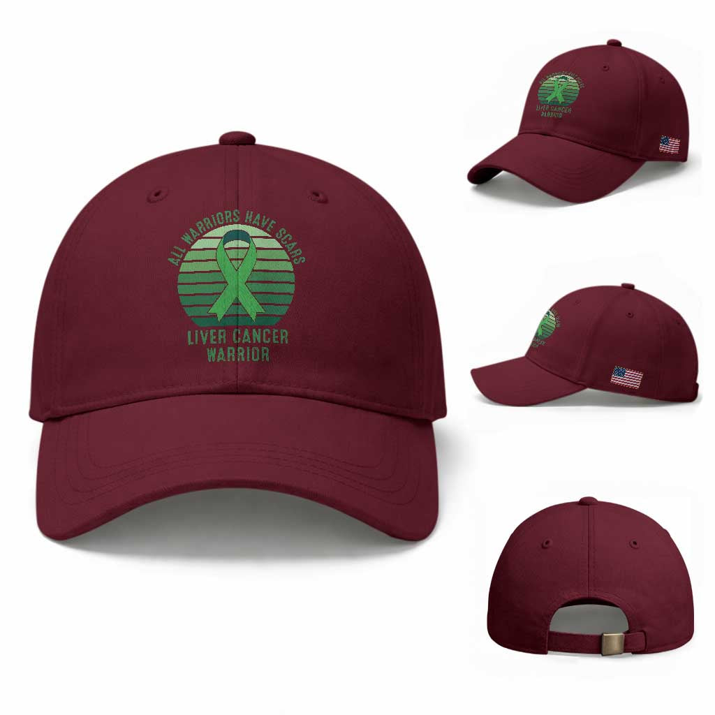 All Warriors Have Scars Liver Cancer Baseball Cap Green Ribbon Survivor Fighter Gift TS12 Baseball Cap Universal Fit Maroon Print Your Wear