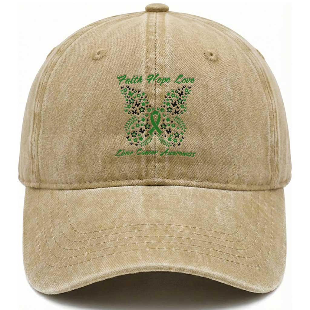 Faith Hope Love Liver Cancer Awareness Washed Cotton Baseball Cap Butterfly Ribbon Floral Gift TS12 Print Your Wear