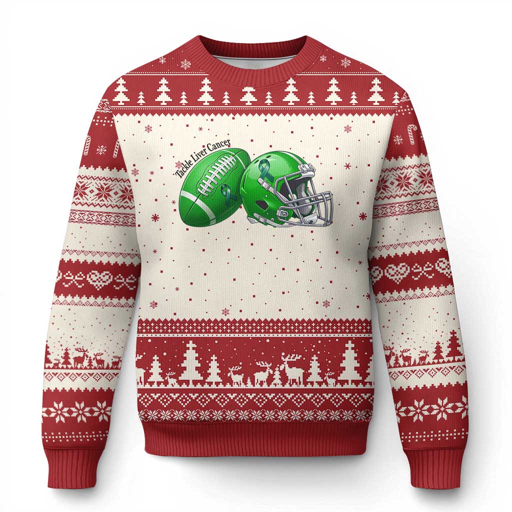 Liver Cancer Support Gift Ugly Christmas Sweater October Tackle Cancer Football TS12 Beige Red Print Your Wear