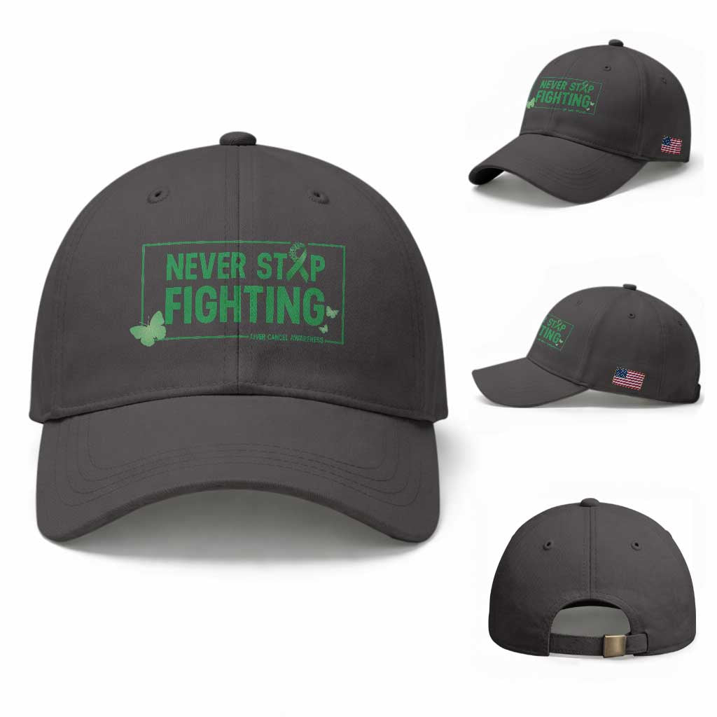 Liver Cancer Warrior Baseball Cap Never Stop Fighting Support Gift TS12 Baseball Cap Universal Fit Dark Gray Print Your Wear