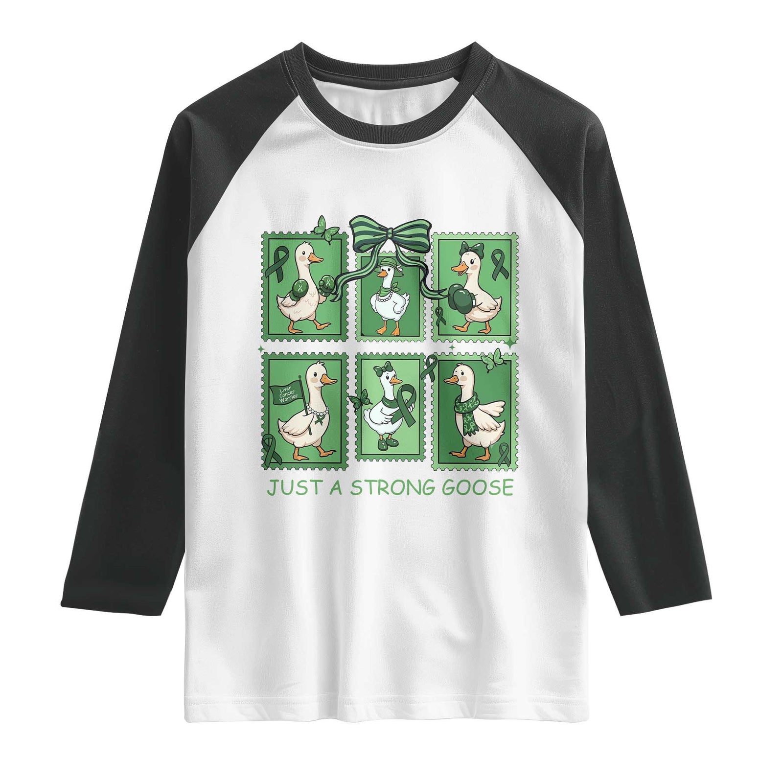 Funny Liver Cancer Warrior Support Gift Raglan Shirt Just A Strong Goose TS12 White Black Print Your Wear