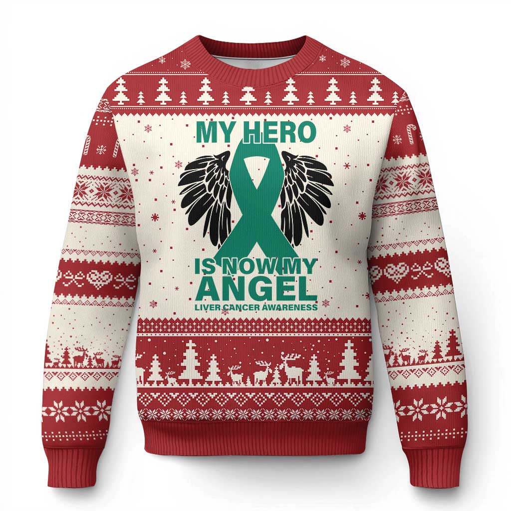 Liver Cancer Awareness Memorial Gift Ugly Christmas Sweater My Hero Is Now My Angel TS12 Beige Red Print Your Wear