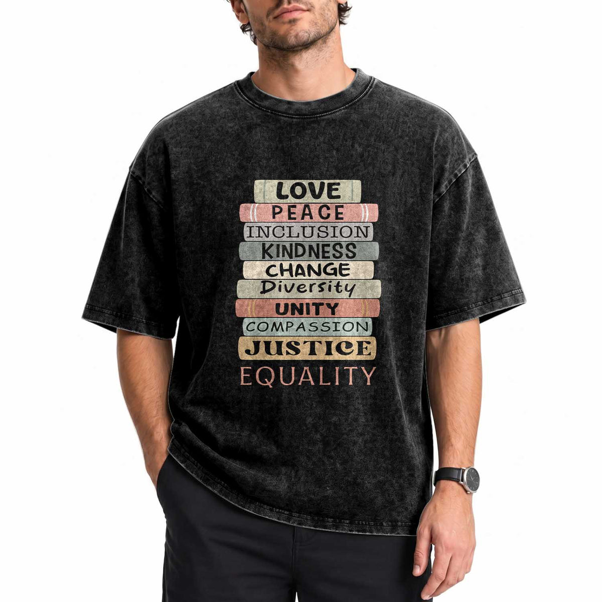 Human Rights Bookish Washed Cotton T-Shirt Kindness Peace Equality Flower For Women