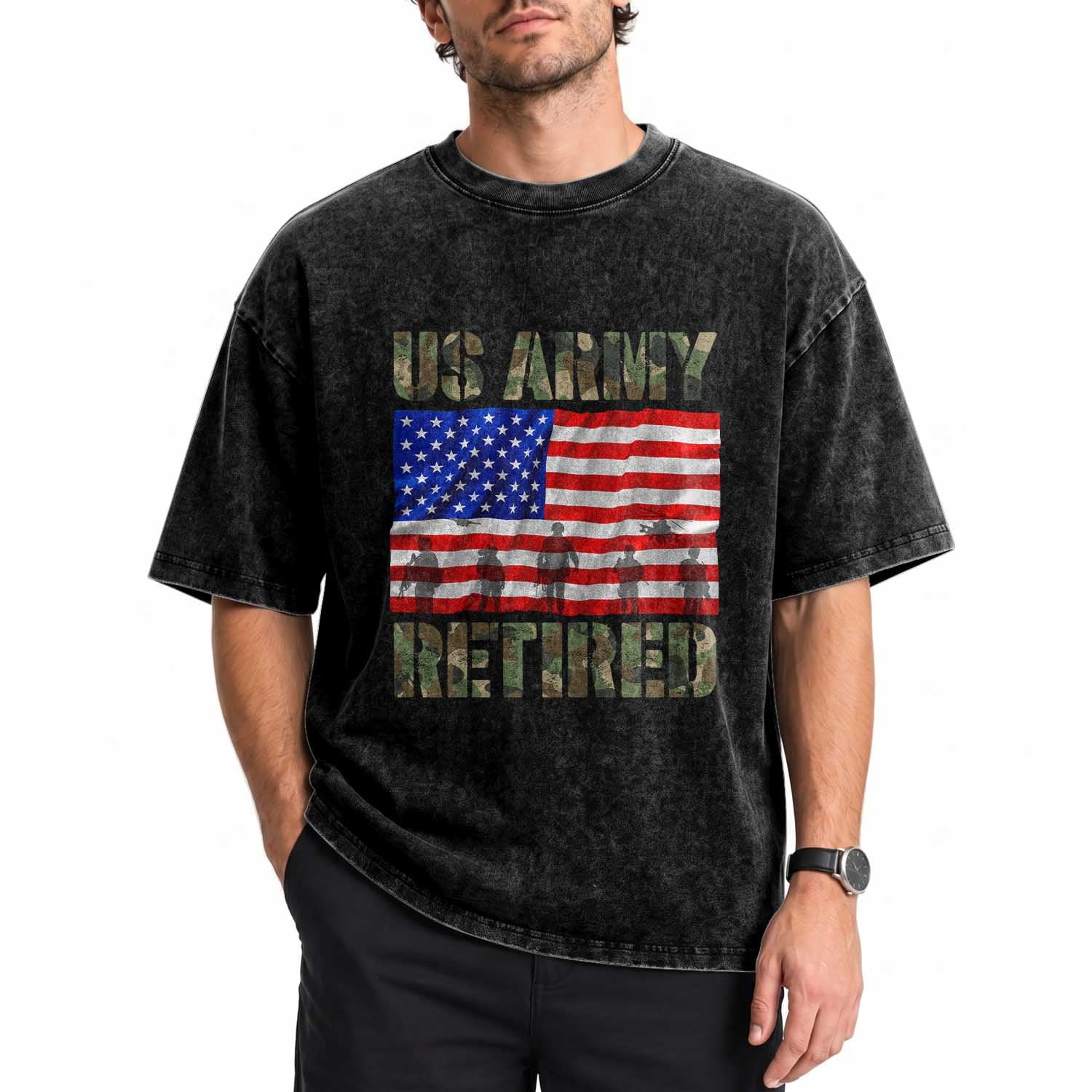 Retired Veteran Washed Cotton T-Shirt American Flag US Army Patriotic USA Pride