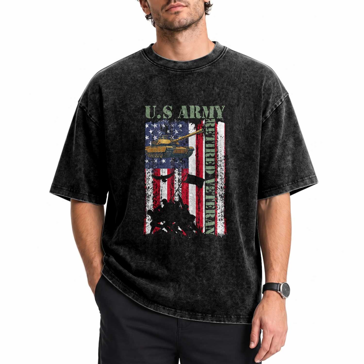Retired Army Washed Cotton T-Shirt American Flag US Patriotic USA Pride
