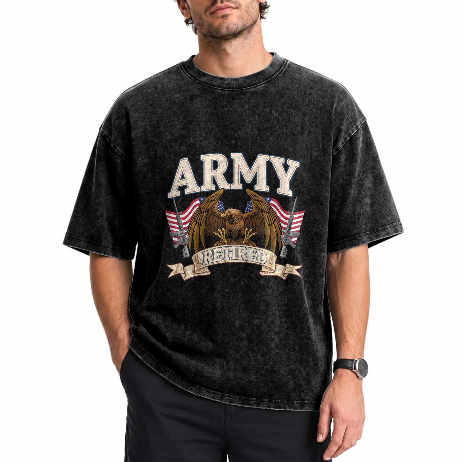 Retirement Army Veteran Washed Cotton T-Shirt American Flag USA Patriotic