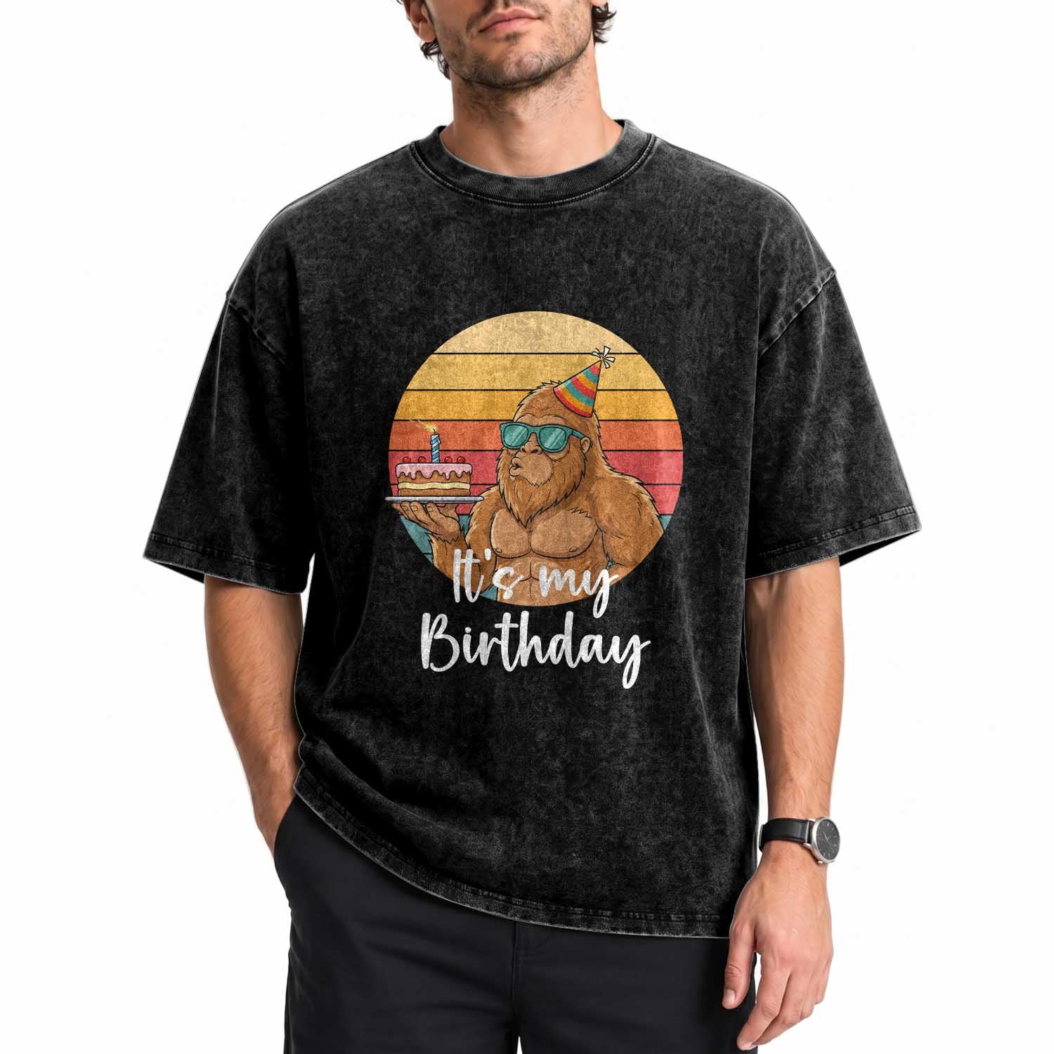 It Is My Birthday Washed Cotton T-Shirt Funny Bigfoot Blowing Candle Birthday Cake