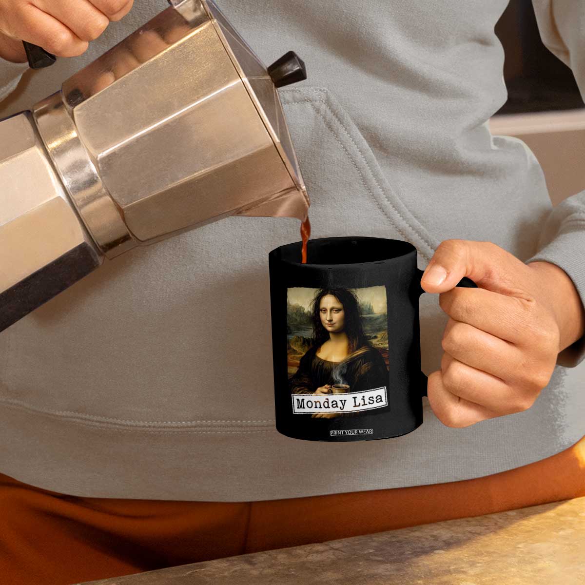 Monday Lisa Coffee Lover Coffee Mug Funny Mona Lisa Art Parody Graphic Tired Work TS12 Print Your Wear