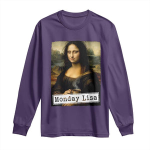 Monday Lisa Coffee Lover Long Sleeve Shirt Funny Mona Lisa Art Parody Graphic Tired Work TS12 Purple Print Your Wear