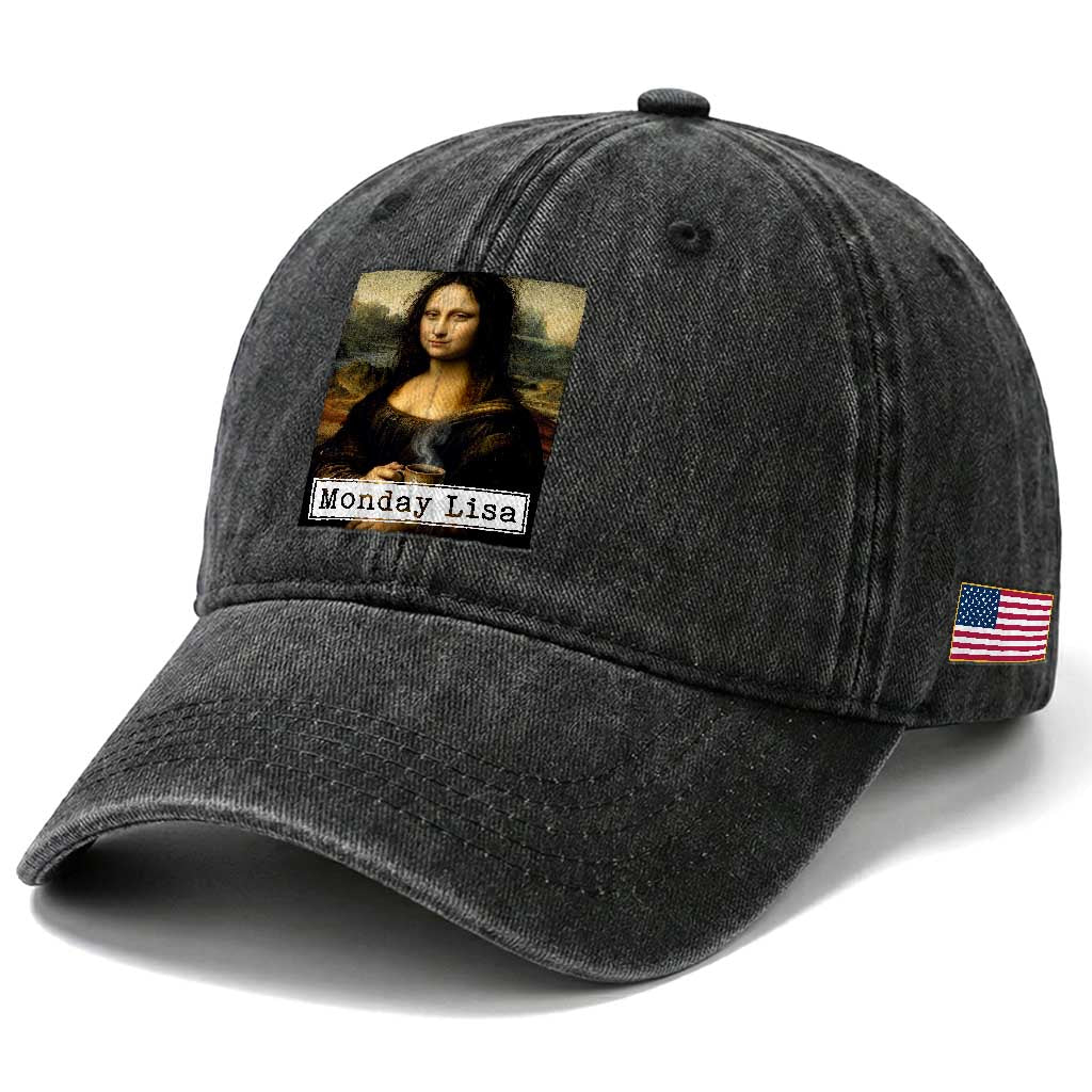 Monday Lisa Coffee Lover Washed Cotton Baseball Cap Funny Mona Lisa Art Parody Graphic Tired Work TS12 Print Your Wear