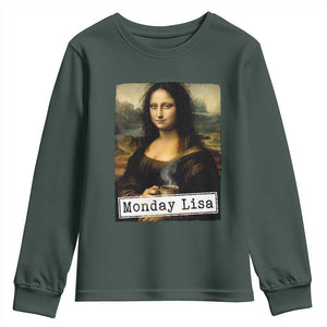 Monday Lisa Coffee Lover Youth Sweatshirt Funny Mona Lisa Art Parody Graphic Tired Work TS12 Dark Forest Green Print Your Wear