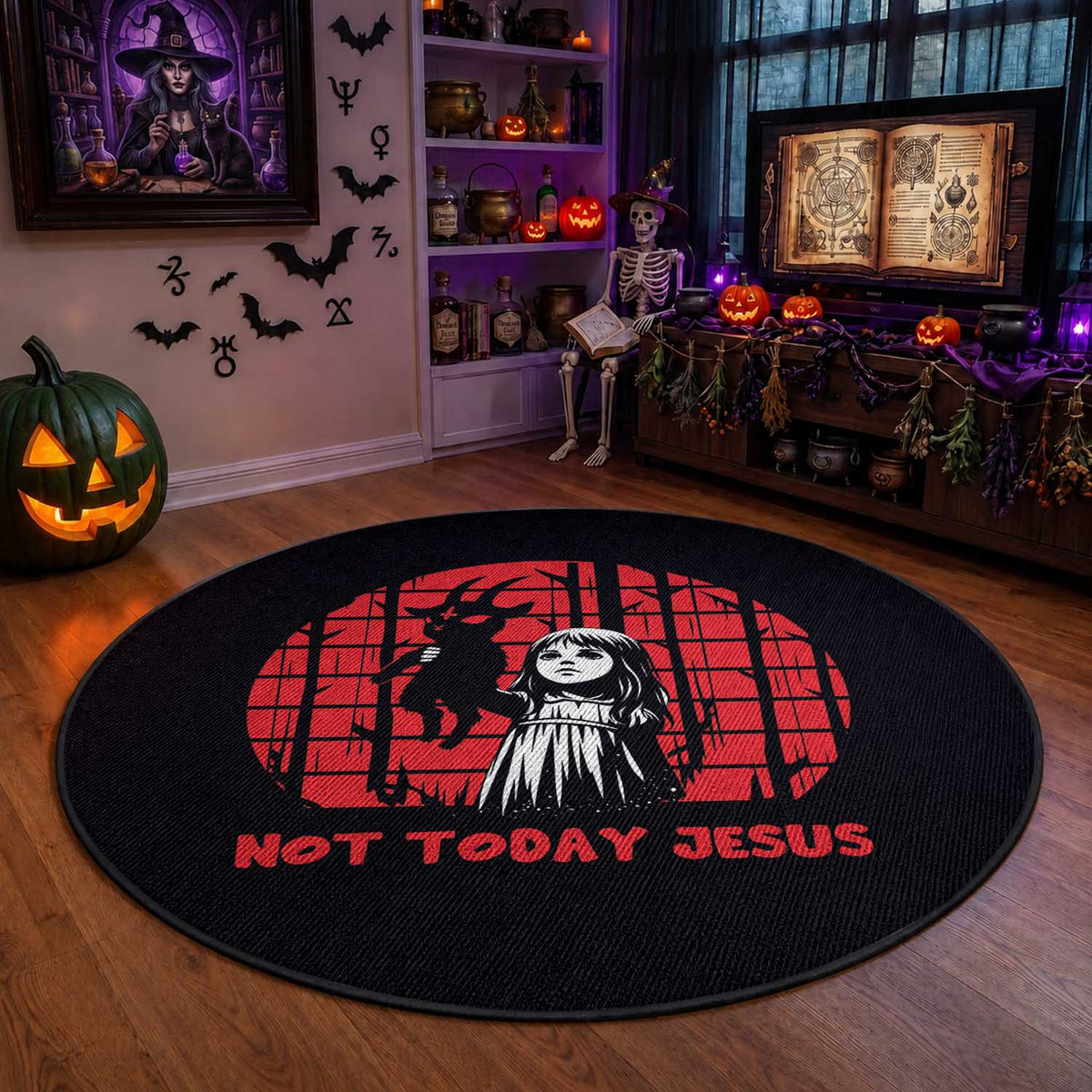 Not Today Jesus Round Rug Gothic Dark Art Pastel Goth Creepy Graphic