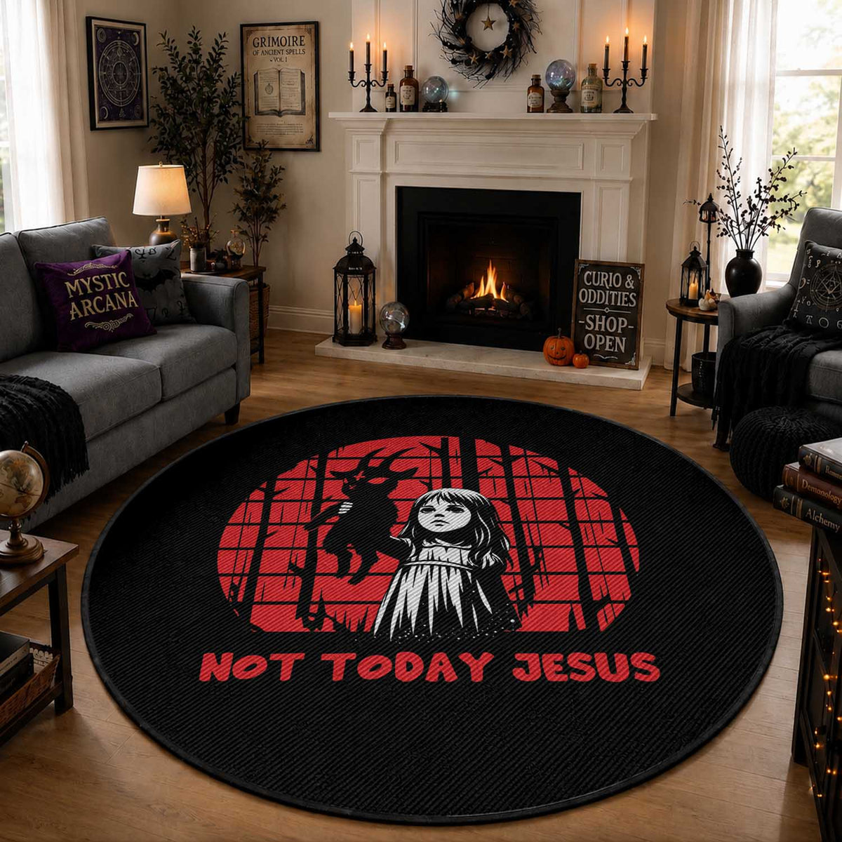 Not Today Jesus Round Rug Gothic Dark Art Pastel Goth Creepy Graphic
