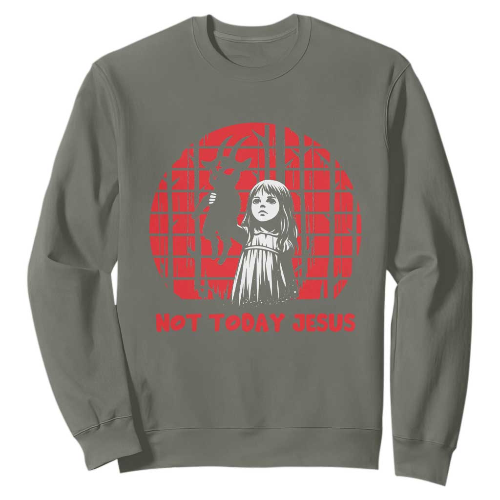 Not Today Jesus Sweatshirt Gothic Dark Art Pastel Goth Creepy Graphic TS12 Military Green Print Your Wear