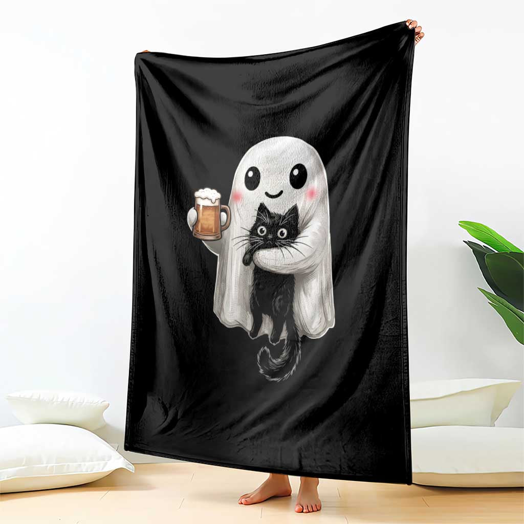 Funny Halloween Throw Blanket Cute Ghost Holding Black Cat Drinking Beer TS12 Print Your Wear