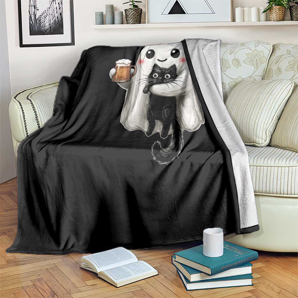 Funny Halloween Throw Blanket Cute Ghost Holding Black Cat Drinking Beer TS12 Print Your Wear