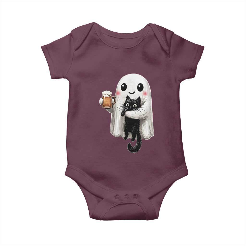 Funny Halloween Baby Onesie Cute Ghost Holding Black Cat Drinking Beer TS12 Maroon Print Your Wear