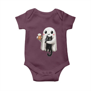 Funny Halloween Baby Onesie Cute Ghost Holding Black Cat Drinking Beer TS12 Maroon Print Your Wear