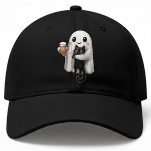Funny Halloween Baseball Cap Cute Ghost Holding Black Cat Drinking Beer TS12 Print Your Wear