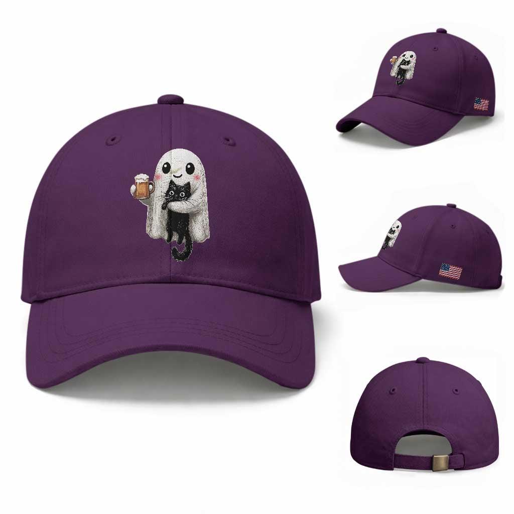 Funny Halloween Baseball Cap Cute Ghost Holding Black Cat Drinking Beer TS12 Baseball Cap Universal Fit Purple Print Your Wear
