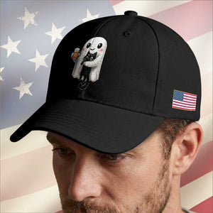 Funny Halloween Baseball Cap Cute Ghost Holding Black Cat Drinking Beer TS12 Print Your Wear