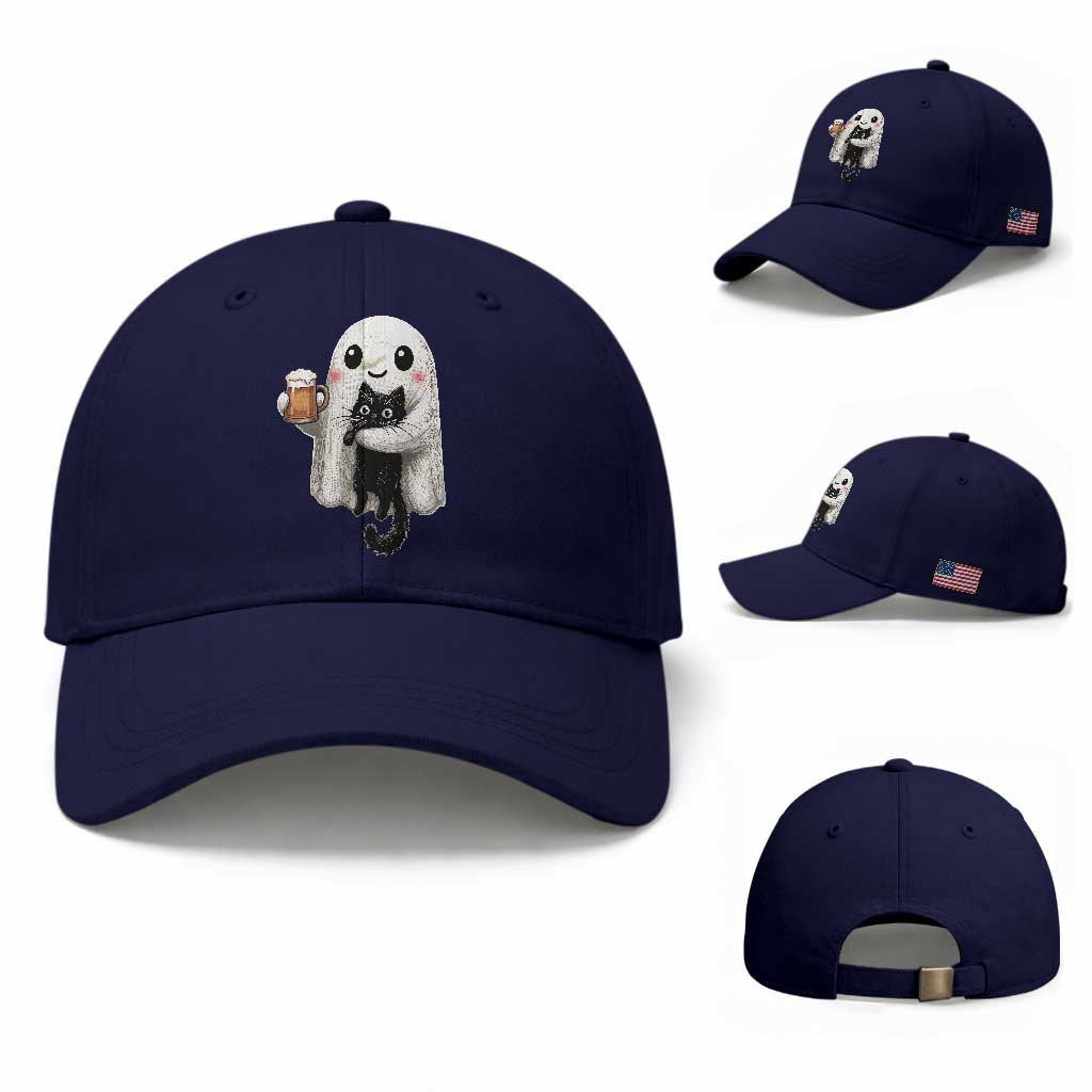 Funny Halloween Baseball Cap Cute Ghost Holding Black Cat Drinking Beer TS12 Baseball Cap Universal Fit Dark Blue Print Your Wear