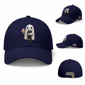 Funny Halloween Baseball Cap Cute Ghost Holding Black Cat Drinking Beer TS12 Baseball Cap Universal Fit Dark Blue Print Your Wear