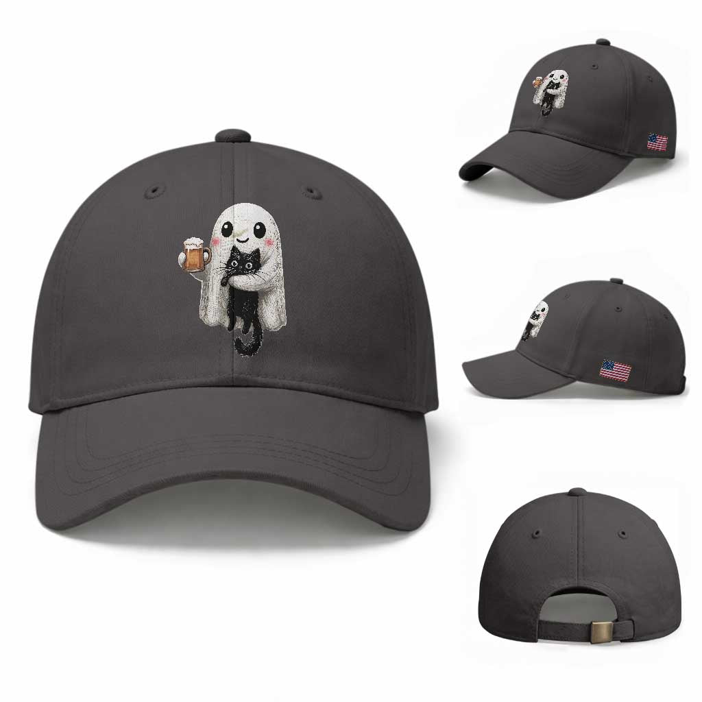 Funny Halloween Baseball Cap Cute Ghost Holding Black Cat Drinking Beer TS12 Baseball Cap Universal Fit Dark Gray Print Your Wear