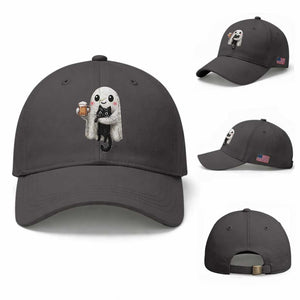 Funny Halloween Baseball Cap Cute Ghost Holding Black Cat Drinking Beer TS12 Baseball Cap Universal Fit Dark Gray Print Your Wear