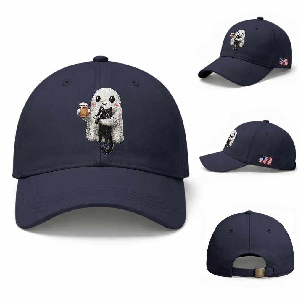 Funny Halloween Baseball Cap Cute Ghost Holding Black Cat Drinking Beer TS12 Baseball Cap Universal Fit Navy Print Your Wear