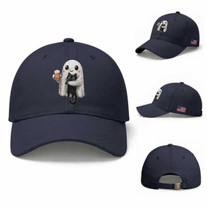 Funny Halloween Baseball Cap Cute Ghost Holding Black Cat Drinking Beer TS12 Baseball Cap Universal Fit Navy Print Your Wear