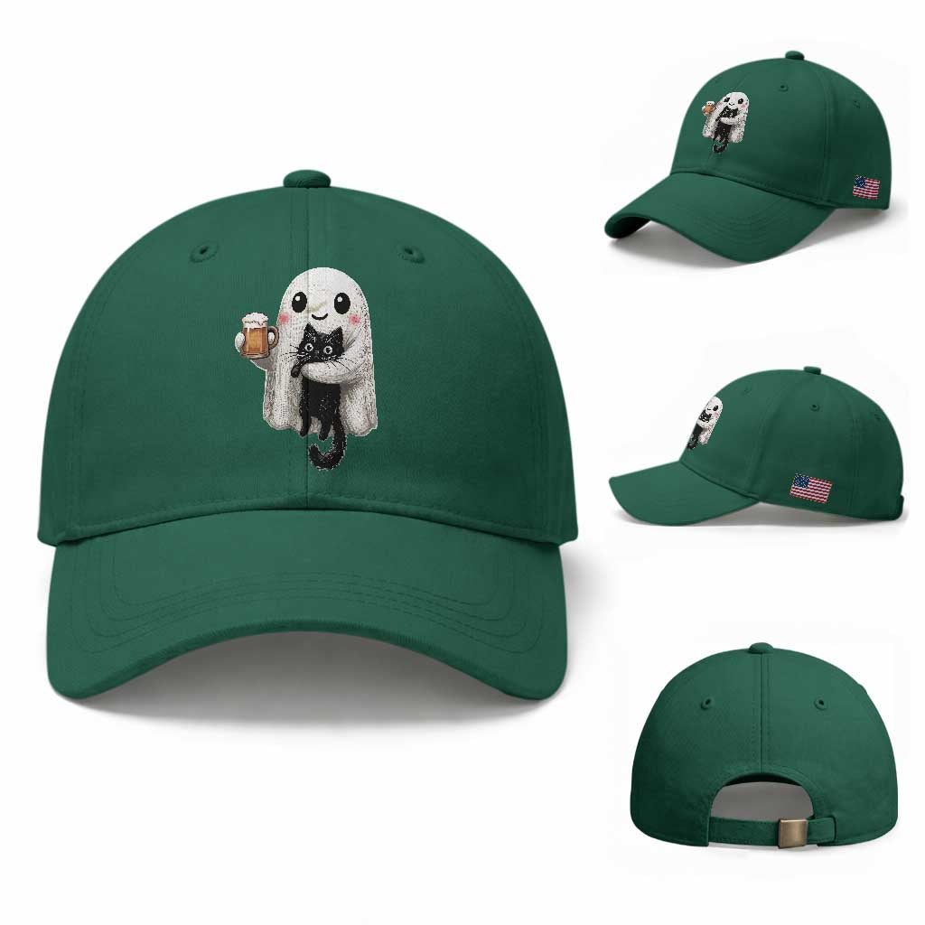 Funny Halloween Baseball Cap Cute Ghost Holding Black Cat Drinking Beer TS12 Baseball Cap Universal Fit Irish Green Print Your Wear