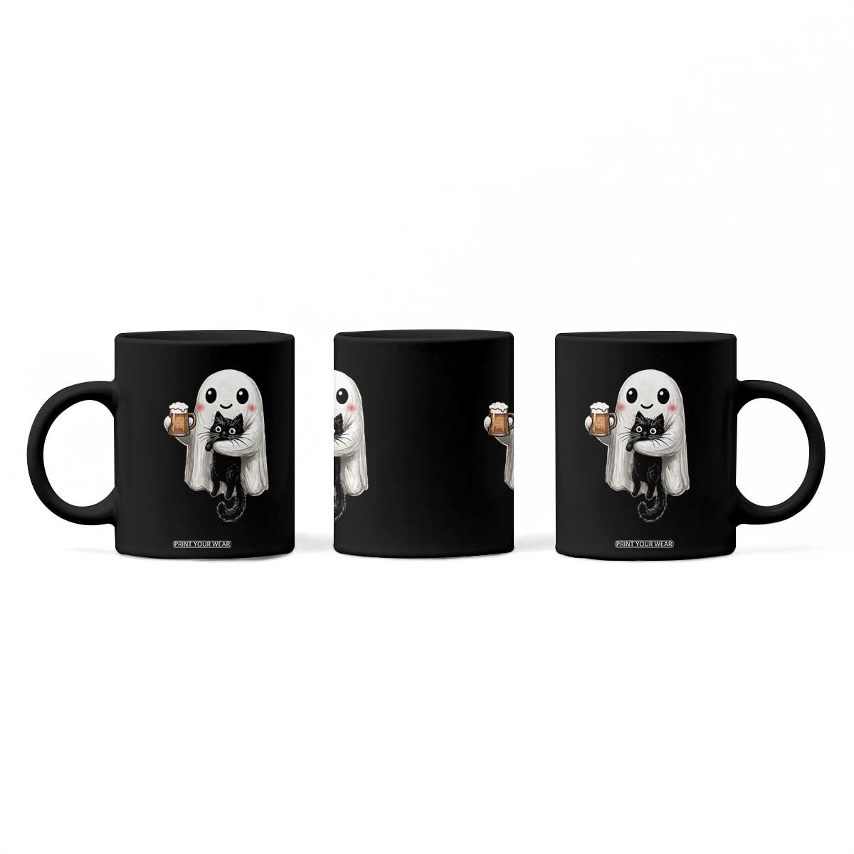 Funny Halloween Coffee Mug Cute Ghost Holding Black Cat Drinking Beer TS12 Print Your Wear