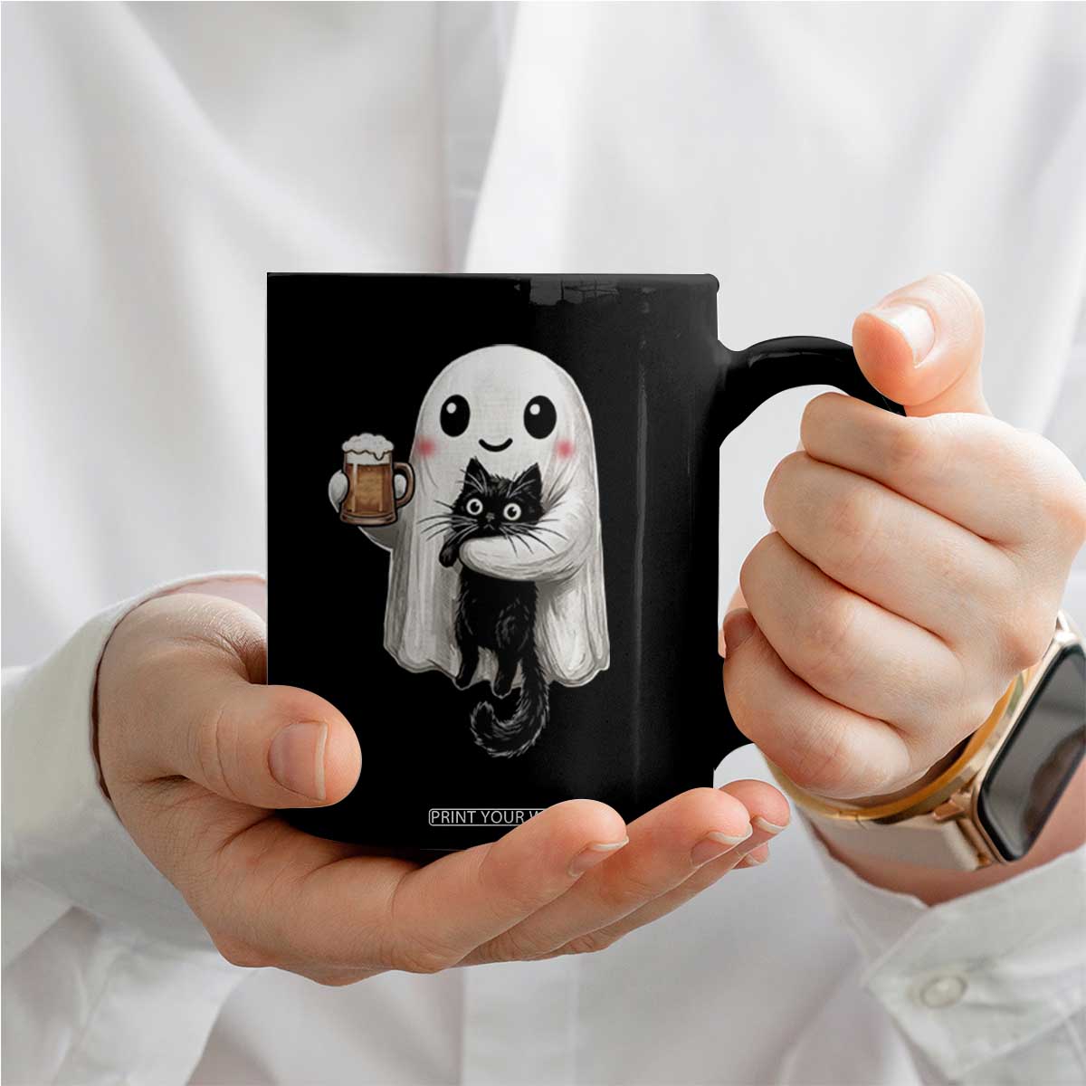 Funny Halloween Coffee Mug Cute Ghost Holding Black Cat Drinking Beer TS12 Print Your Wear