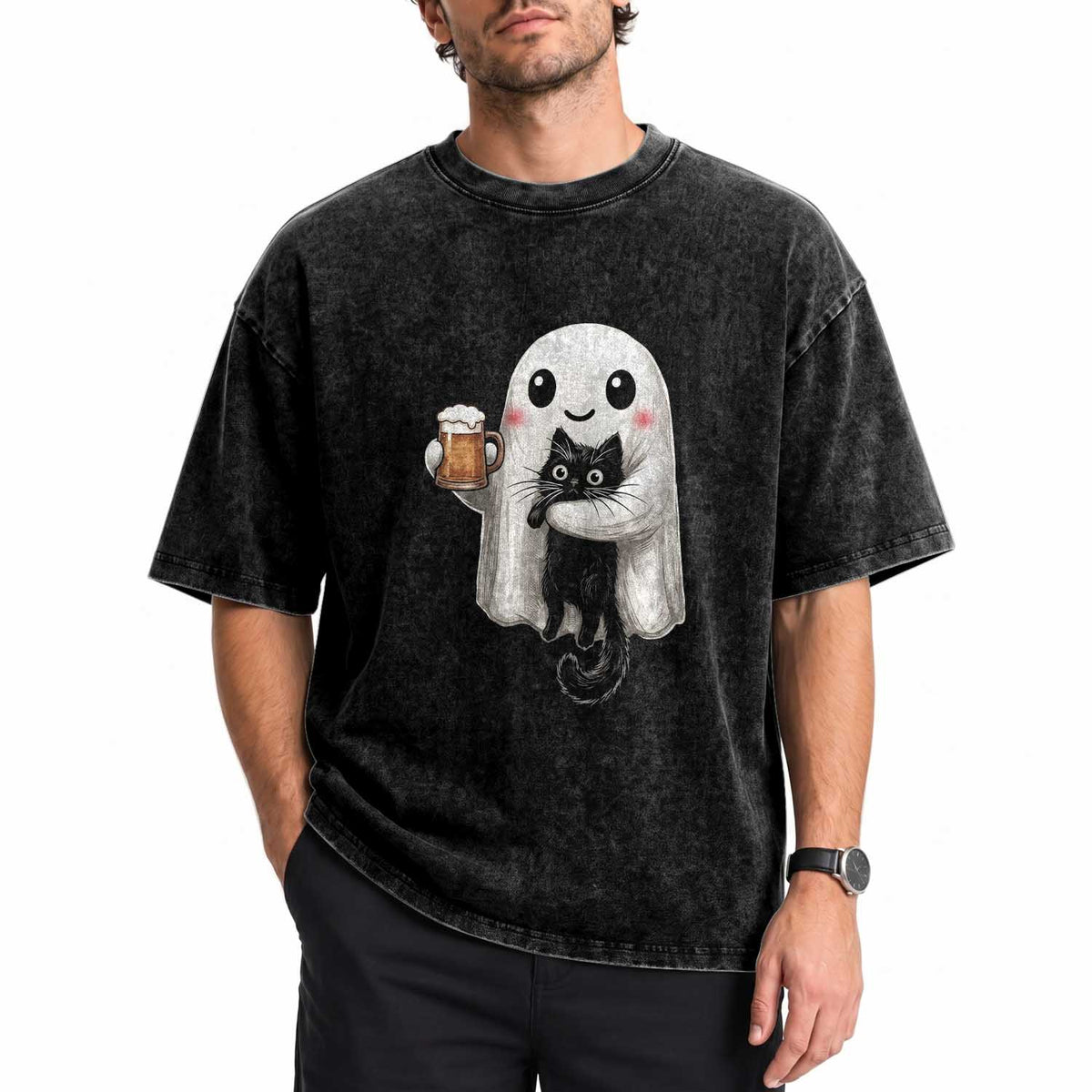 Funny Halloween Washed Cotton T-Shirt Cute Ghost Holding Black Cat Drinking Beer