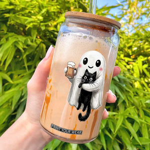 Funny Halloween Glass Can Cute Ghost Holding Black Cat Drinking Beer TS12 Black Print Your Wear