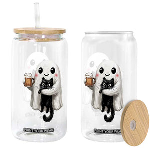 Funny Halloween Glass Can Cute Ghost Holding Black Cat Drinking Beer TS12 Print Your Wear