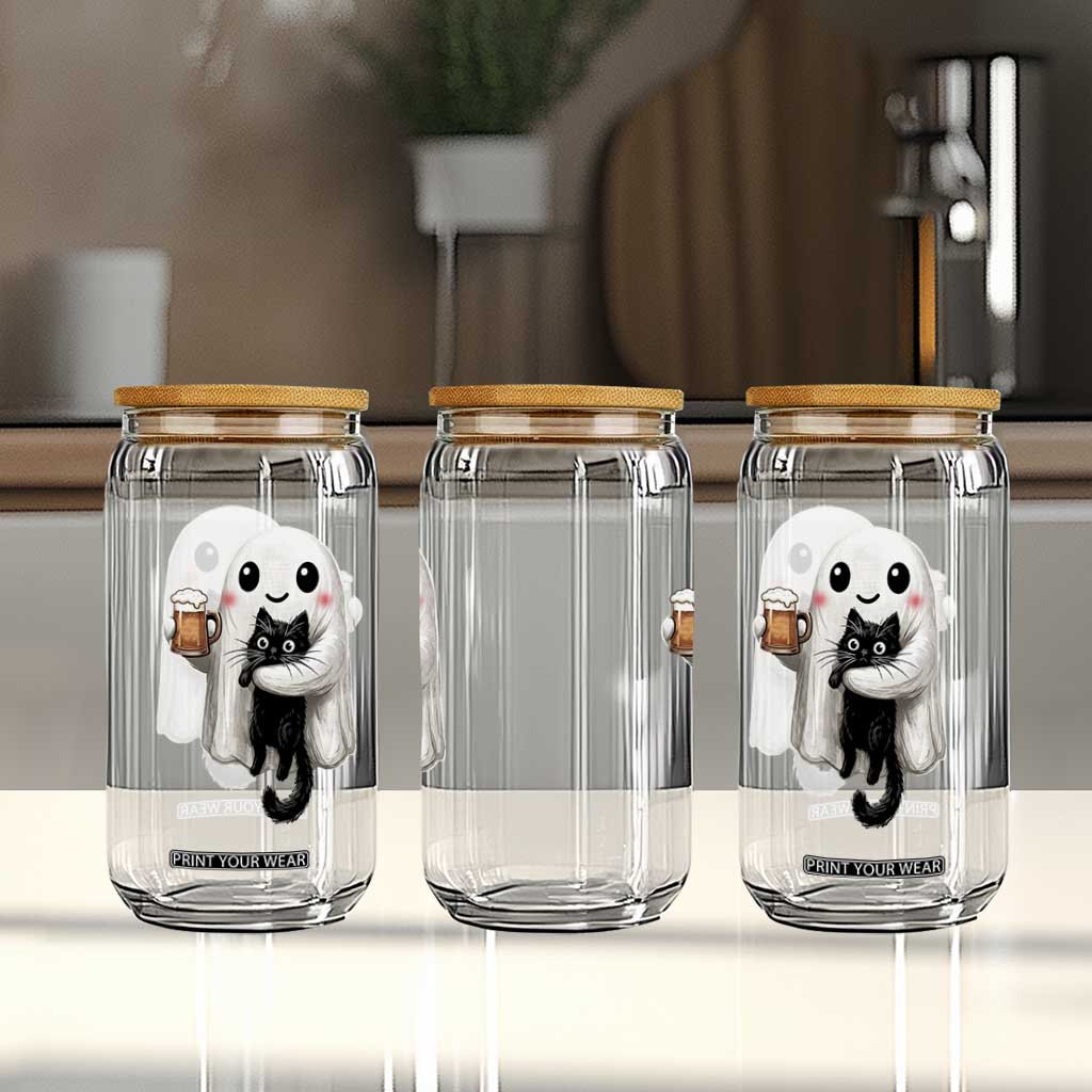 Funny Halloween Glass Can Cute Ghost Holding Black Cat Drinking Beer TS12 Print Your Wear