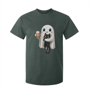 Funny Halloween T Shirt For Kid Cute Ghost Holding Black Cat Drinking Beer TS12 Dark Forest Green Print Your Wear
