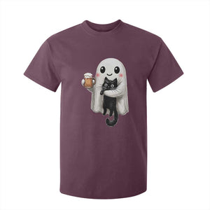 Funny Halloween T Shirt For Kid Cute Ghost Holding Black Cat Drinking Beer TS12 Maroon Print Your Wear