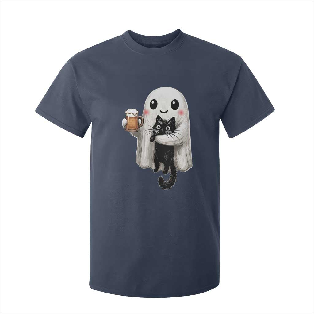 Funny Halloween T Shirt For Kid Cute Ghost Holding Black Cat Drinking Beer TS12 Navy Print Your Wear