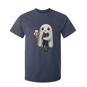 Funny Halloween T Shirt For Kid Cute Ghost Holding Black Cat Drinking Beer TS12 Navy Print Your Wear